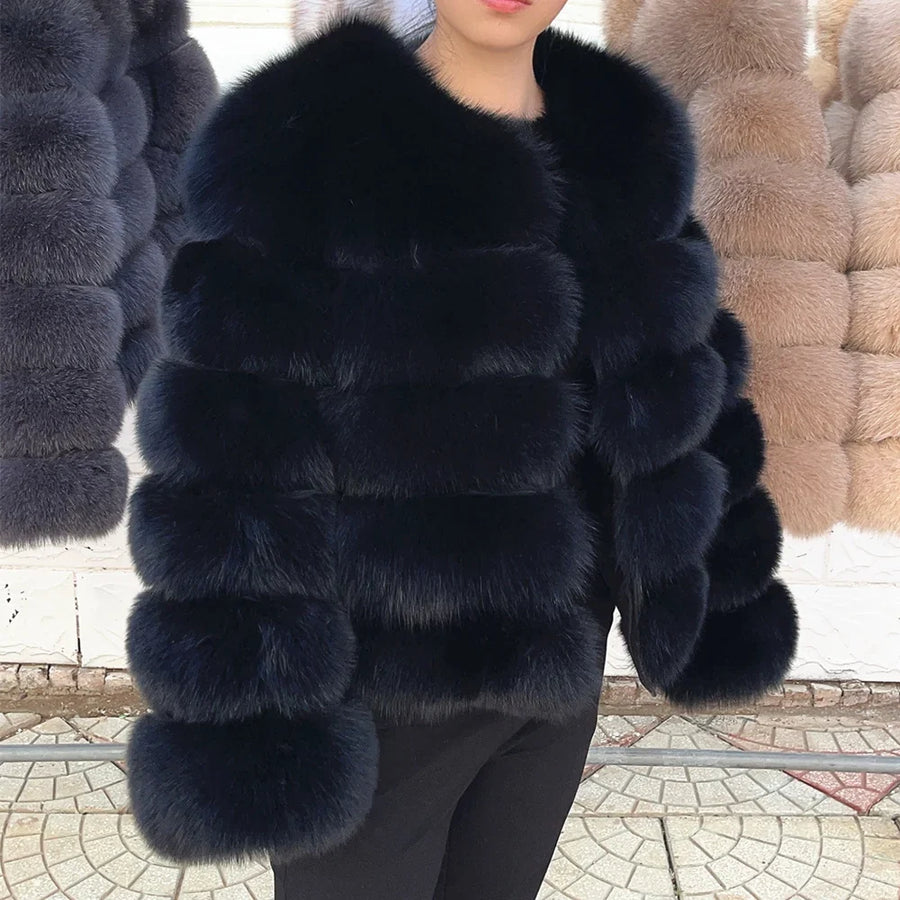 Damen Kurzjacke mit Kunstfell, Winterjacke mit gerippten Ärmeln, warmer Pelzmantel
