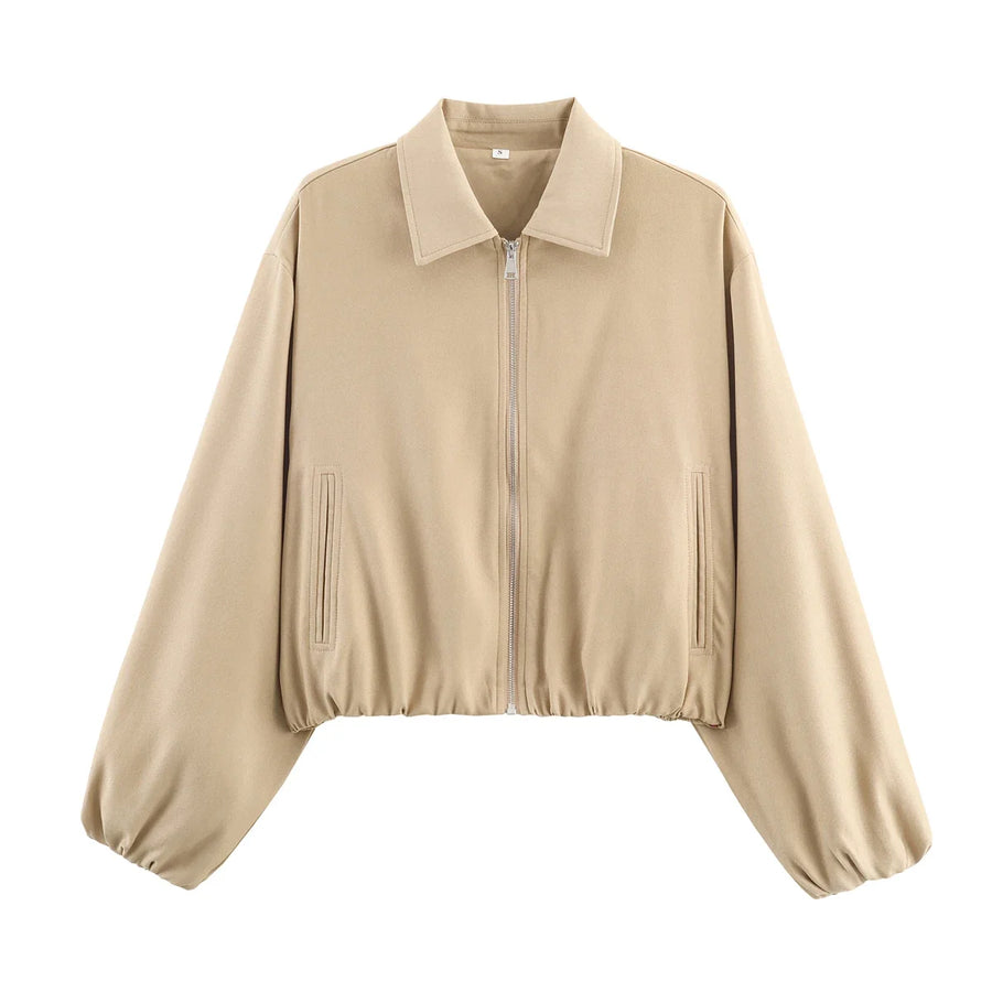 Damen Kurzjacke mit Reißverschluss, Kragen und Gummizugsaum