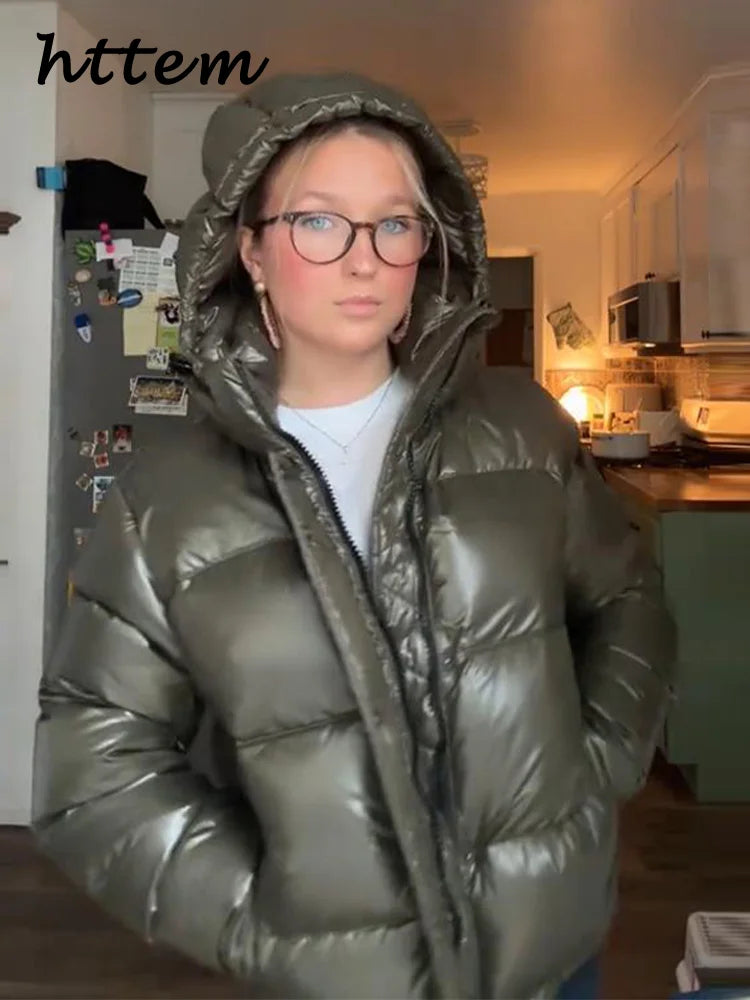 Damen Steppjacke mit Kapuze glänzend Khaki