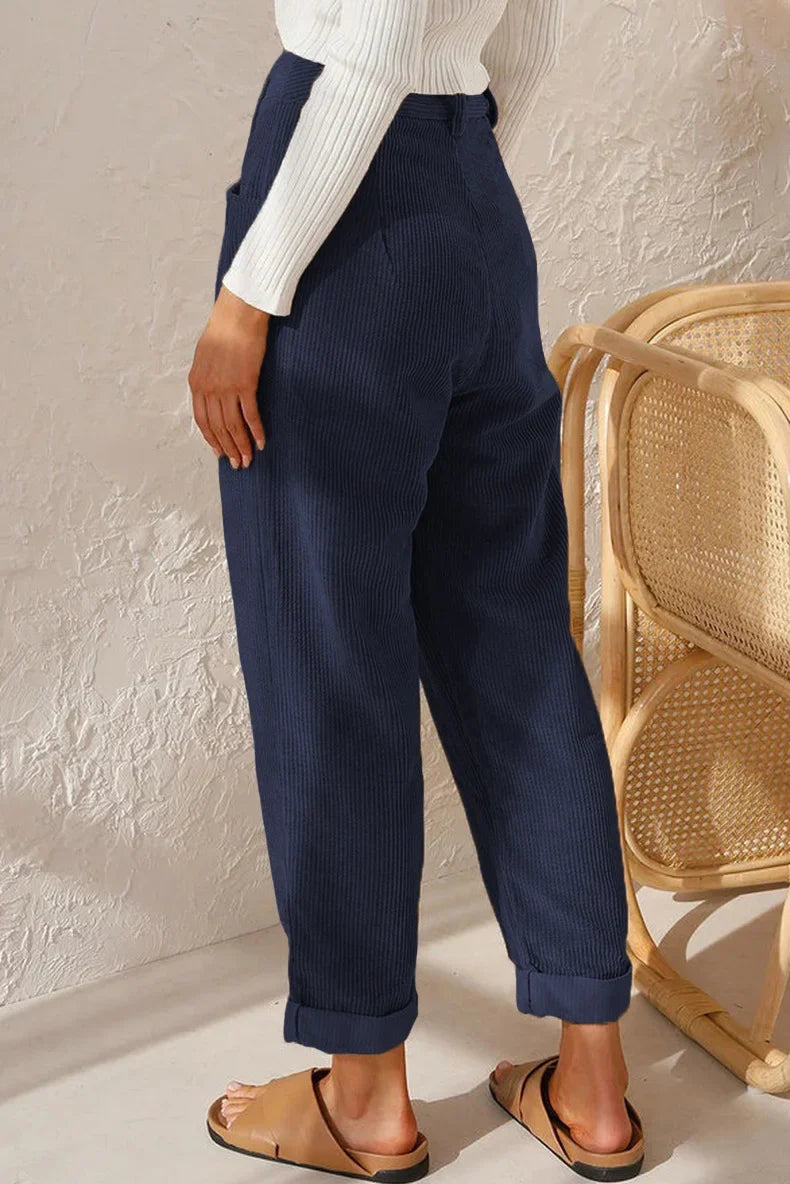 Damen Cordhose mit hoher Taille, weitem Bein und Falten, umgeschlagener Saum, Freizeit-Look