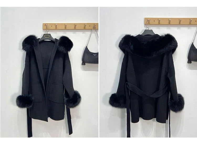 Damen Mantel mit Kapuze und Kunstfellbesatz Wickeldesign