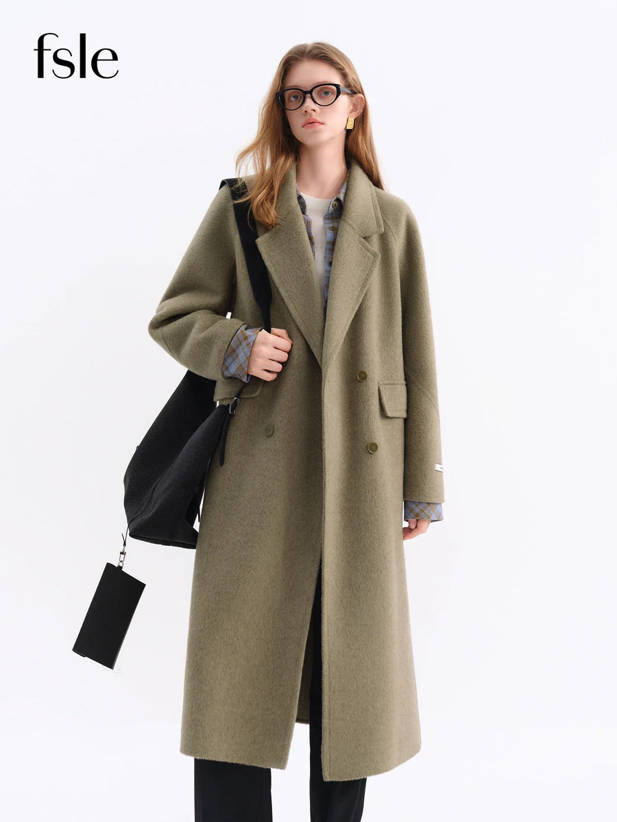 Damen Langer Mantel Zweireihig mit Reverskragen und Taschen Grün