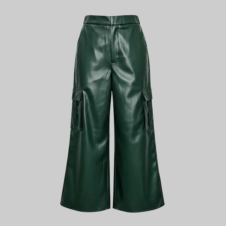 Cargobroek voor dames van kunstleer, wijde pasvorm, groen
