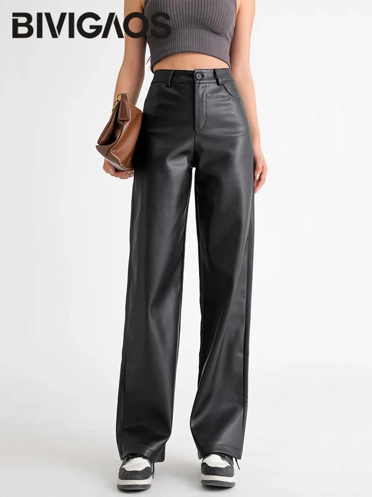 Wijde damesbroek in lederlook met hoge taille, zwart