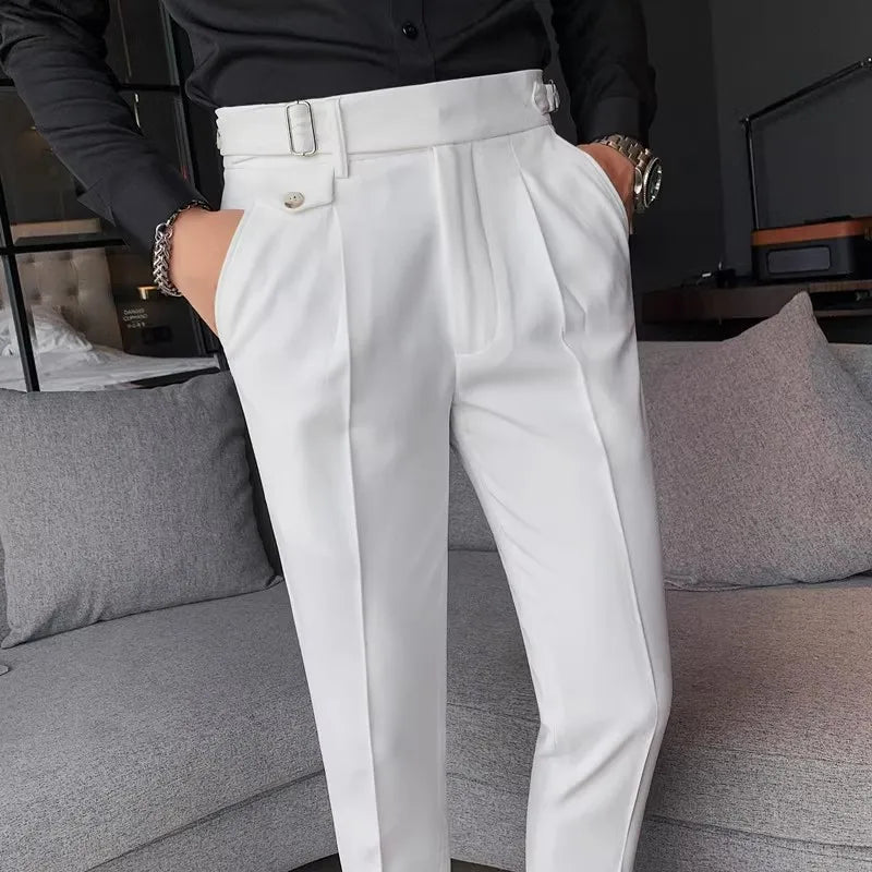 Herren Business Anzughose Slim Fit Bundfalten Hose mit Schnalle
