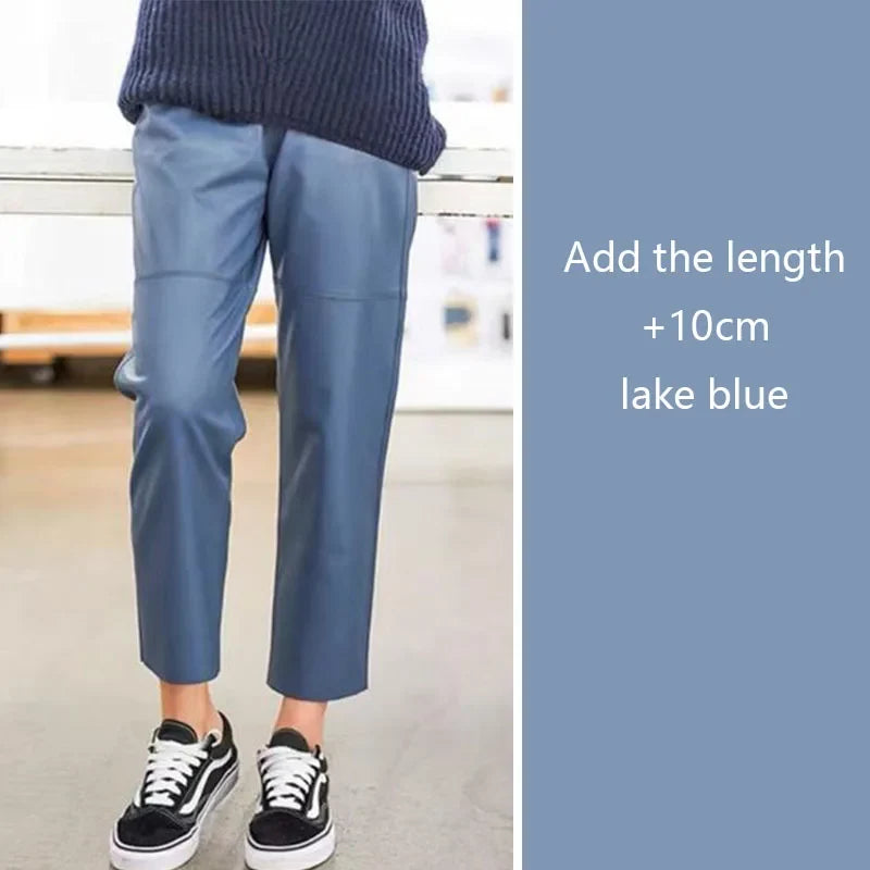 Damesbroek van imitatieleer met elastische tailleband en cropped model