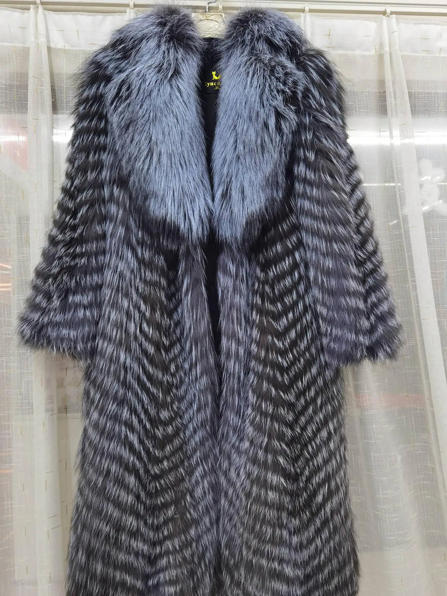 Damen Langer Mantel mit Pelz-Optik im Chevron-Muster