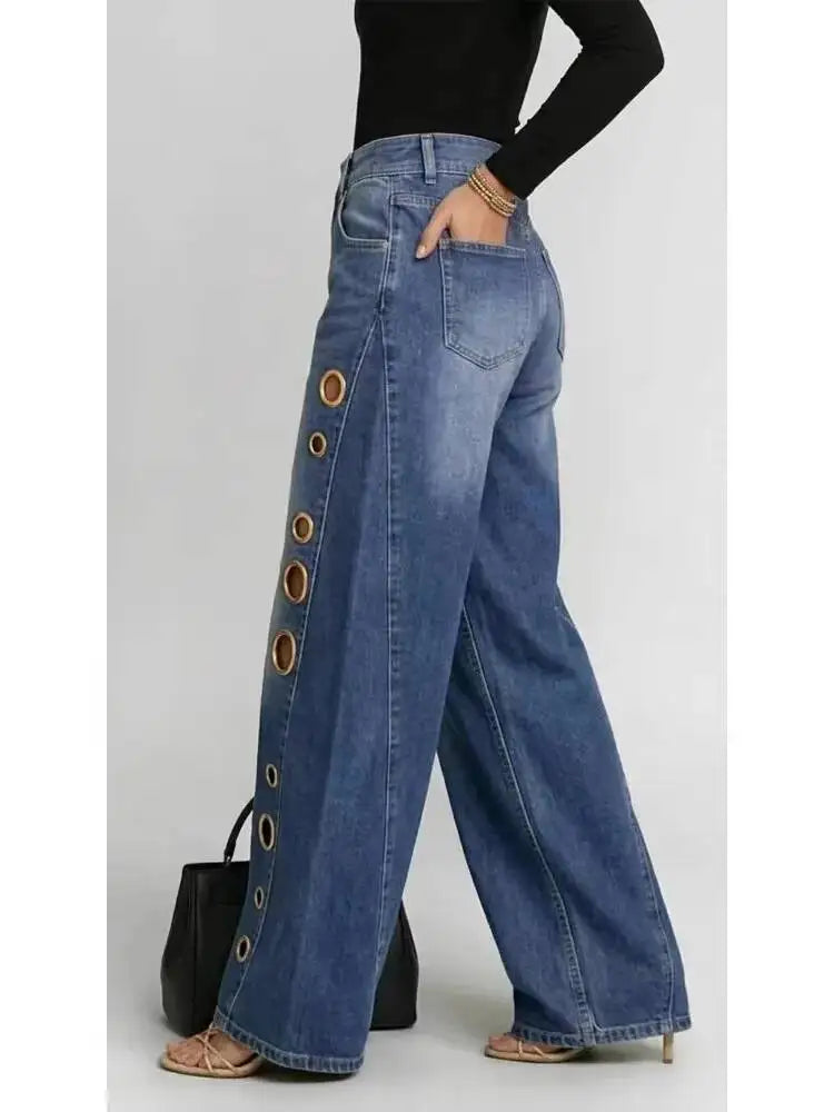 Damen Weite Jeans mit Ösen - Locker geschnitten, Hoher Bund