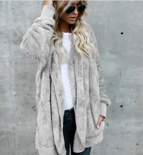 Damen Flauschige Strickjacke mit Kapuze und langen Ärmeln - Beigebraun