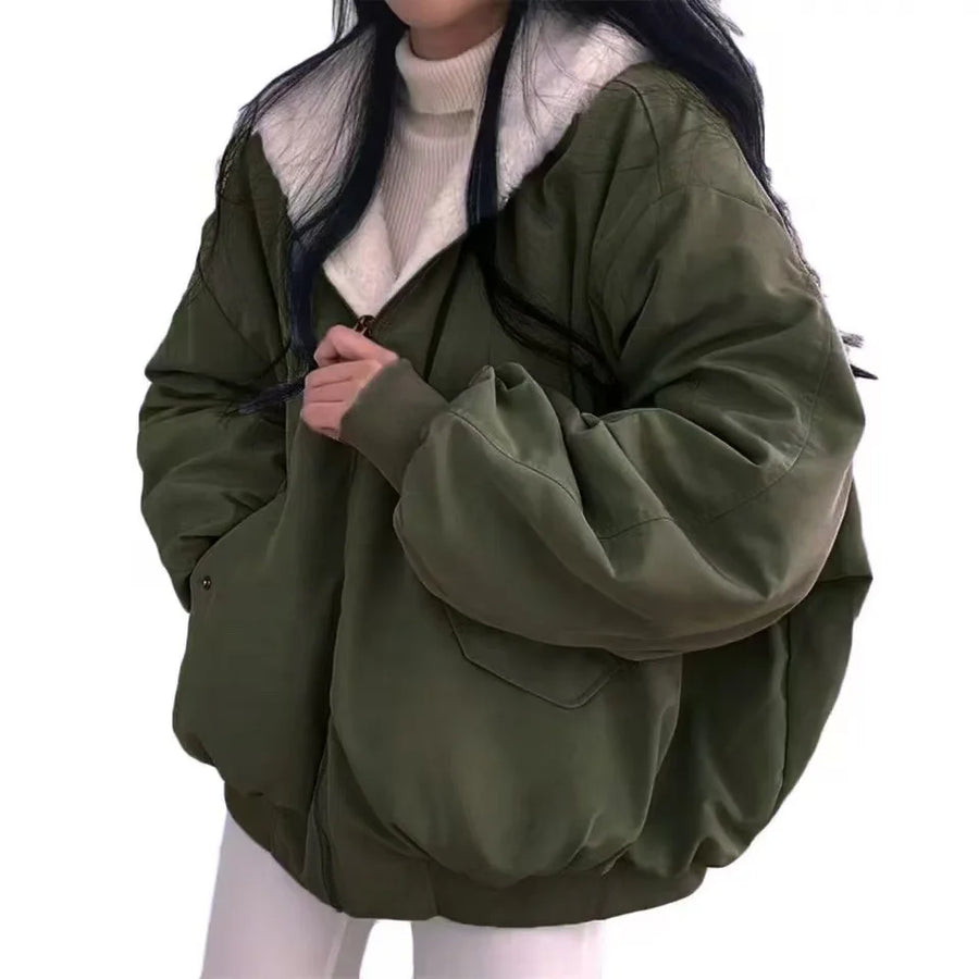 Damen Reversible Bomberjacke mit Kapuze Teddyfutter