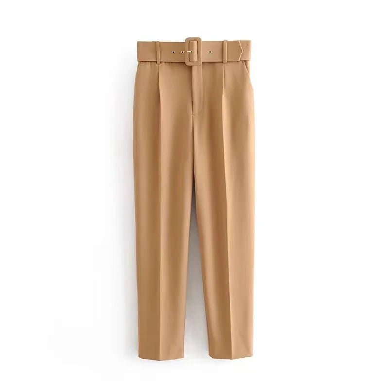 Damen Stoffhose High Waist mit Gürtel Elegante Hose mit geradem Bein
