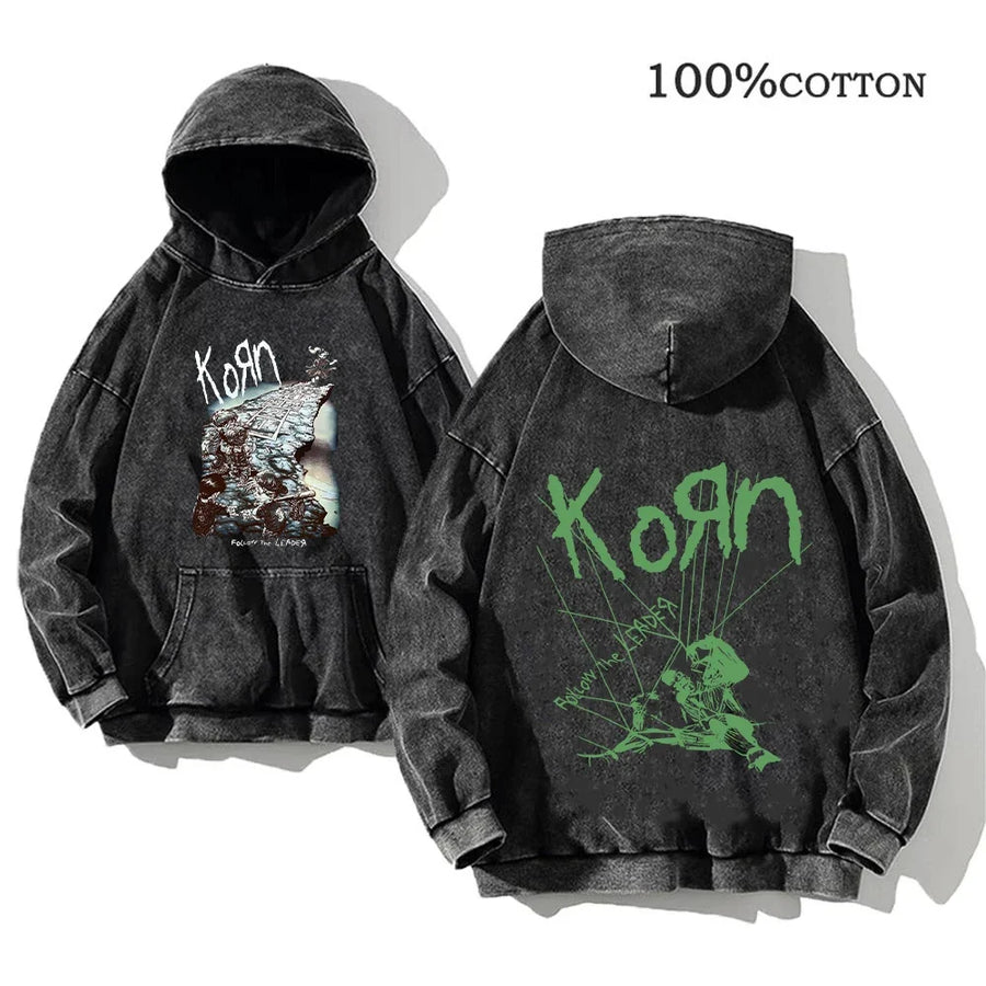 Korn Band Hoodie Unisex Washed Schwarz Kapuzenpullover Oversize