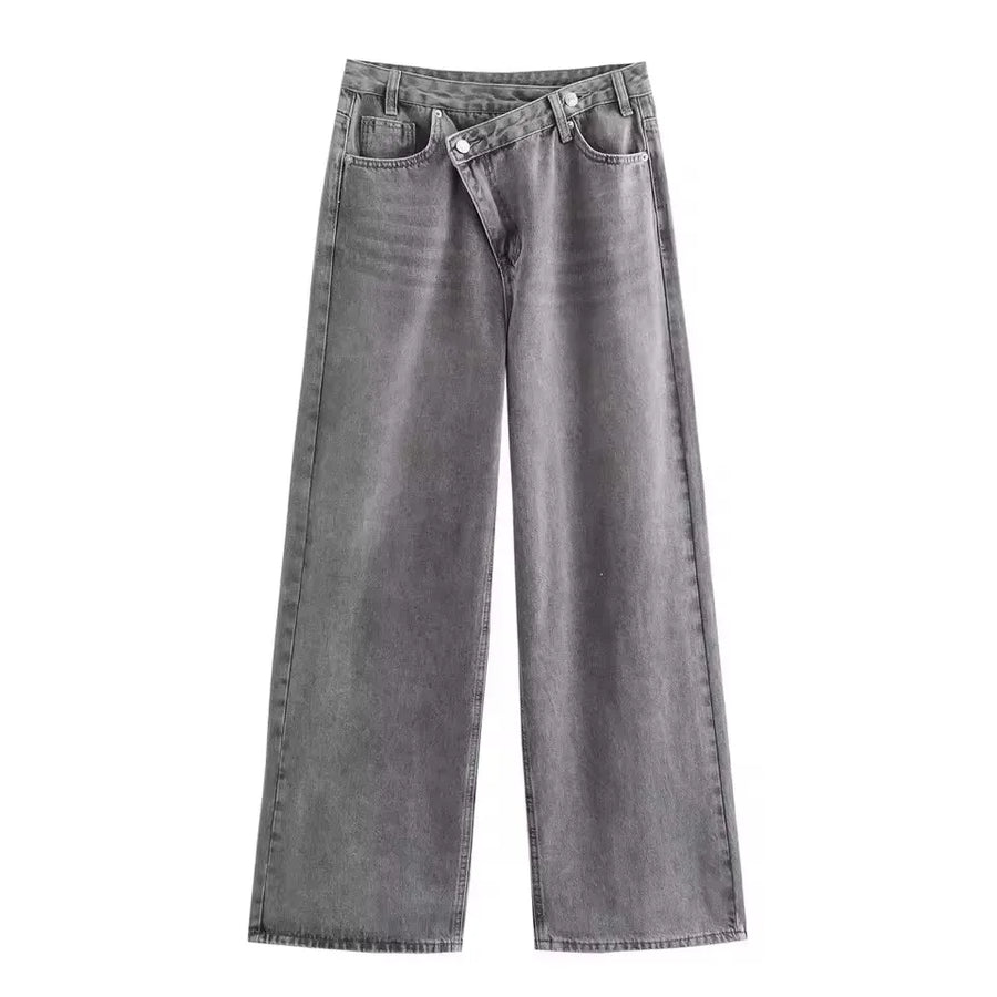 Damen Jeans weites Bein Überlappendes Taillendesign