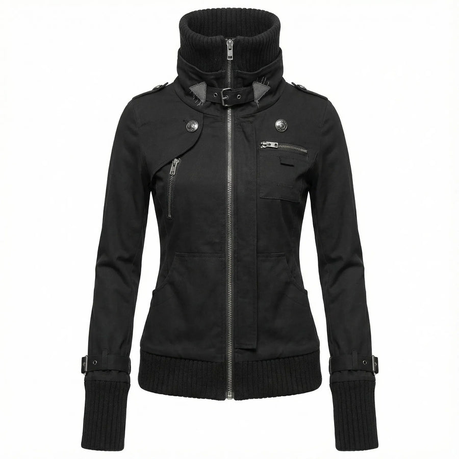 Damen Jacke Schwarz mit hohem Kragen und Schnallendetails