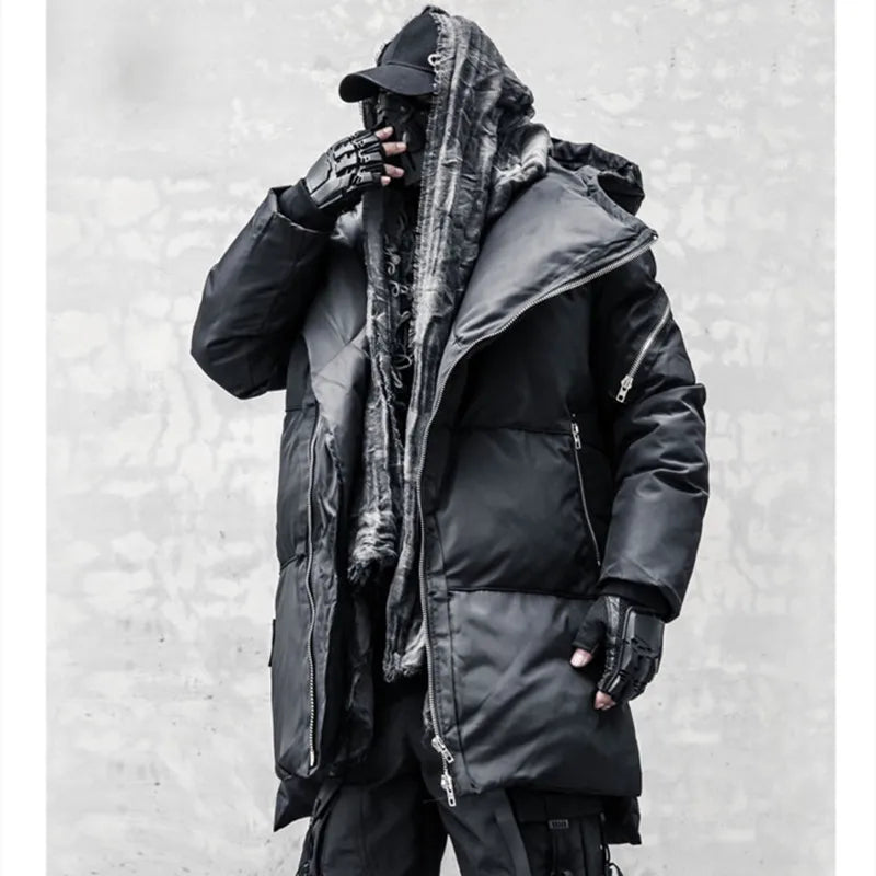 Schwarze Winterjacke für Herren mit Kapuze und asymmetrischem Reißverschluss, gepolstert