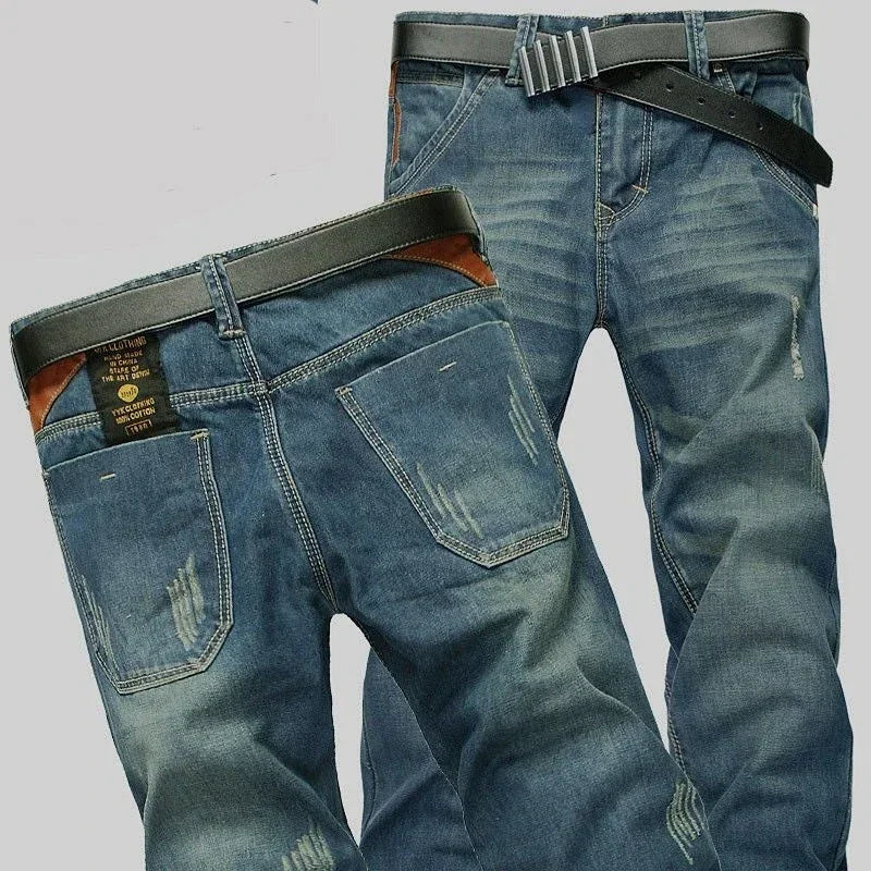 Herenjeans blauw in used look met riemlussen, casual stijl