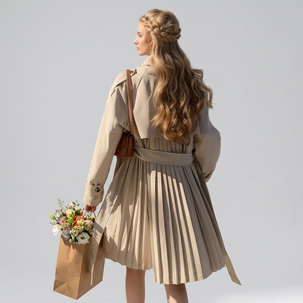 Dames trenchcoat met plooirok-look, ceintuur en klassieke kraag, beige