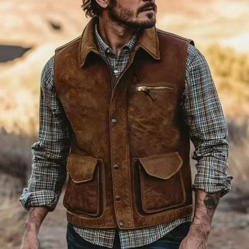 Herren Weste Braun im Wildleder-Look mit Taschen Reißverschluss