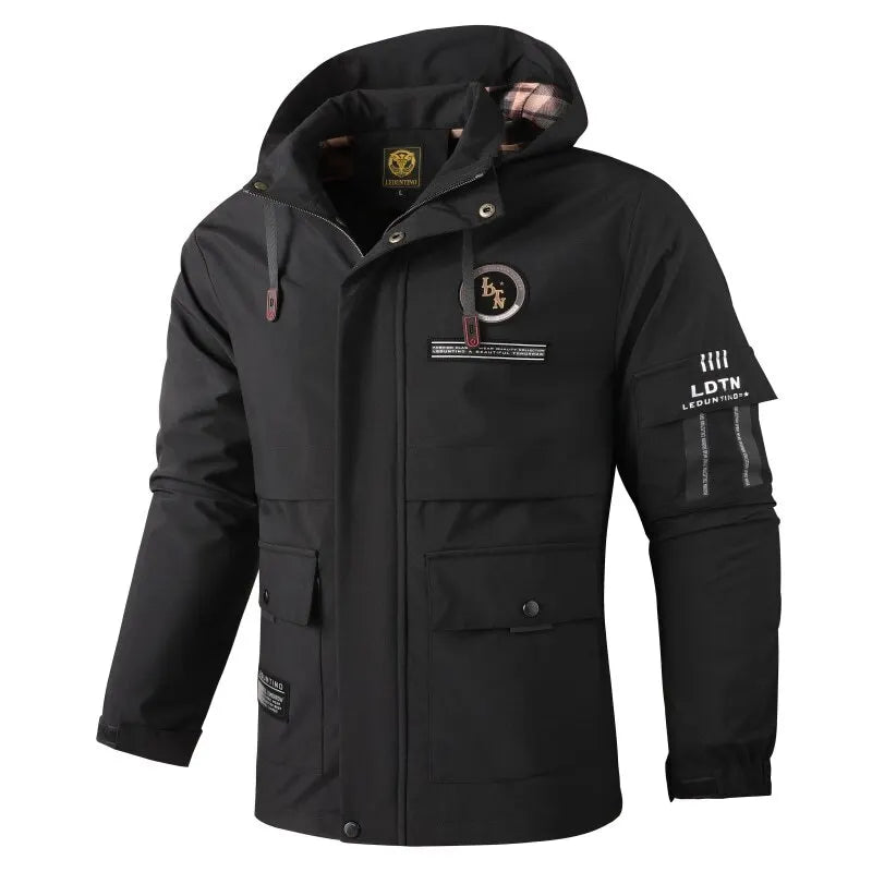 Herren Outdoor Jacke mit Kapuze & Reißverschluss, Winddichte Übergangsjacke mit Taschen