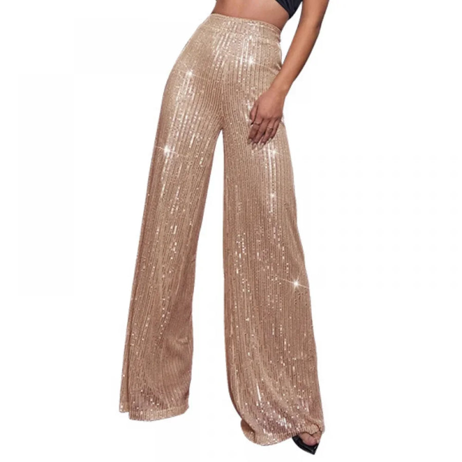 Damen Pailletten Schlaghose Hoher Bund Weites Bein Glitzernde Partyhose