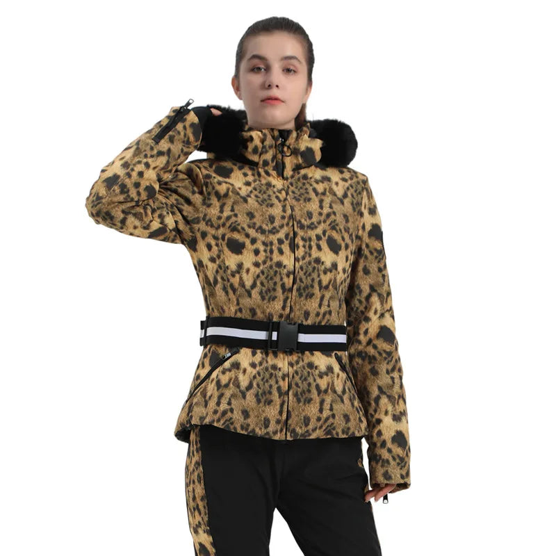 Damen Skijacke mit Hahnentrittmuster Gürtel und Kunstfellkapuze
