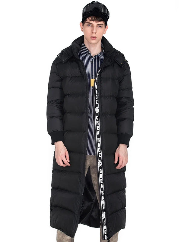 Langer Schwarzer Herren Steppmantel Winter Steppjacke mit Kapuze