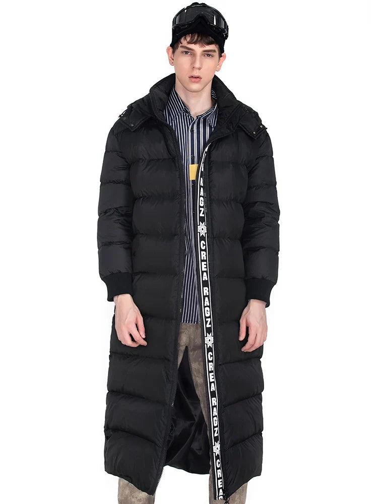 Langer Schwarzer Herren Steppmantel Winter Steppjacke mit Kapuze