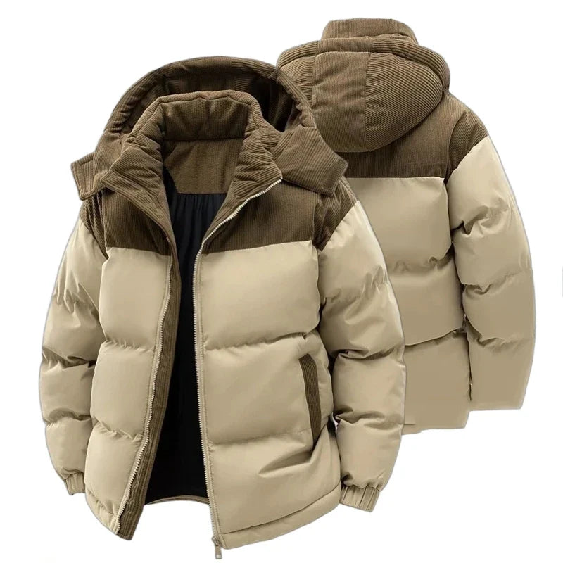 Winter Steppjacke mit Kapuze Zweifarbig Cord-Detail Gepolsterte Outdoor-Jacke