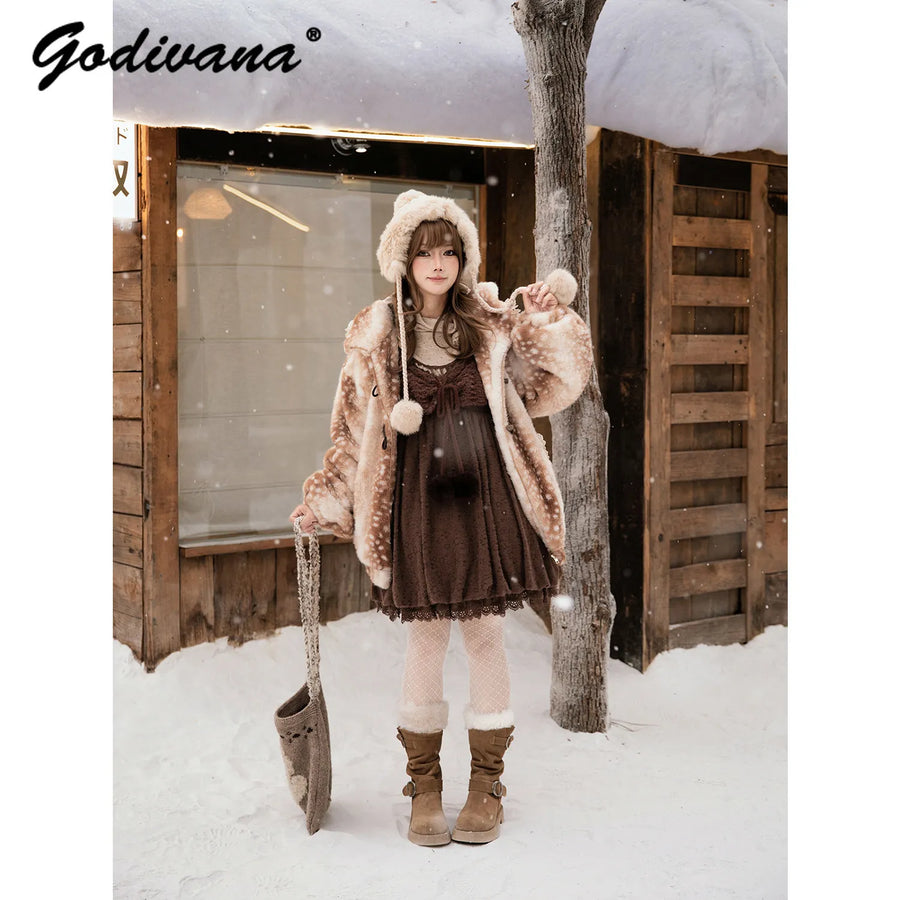 Damen Reh-Fleecejacke mit Kapuze und Geweih, gefleckt