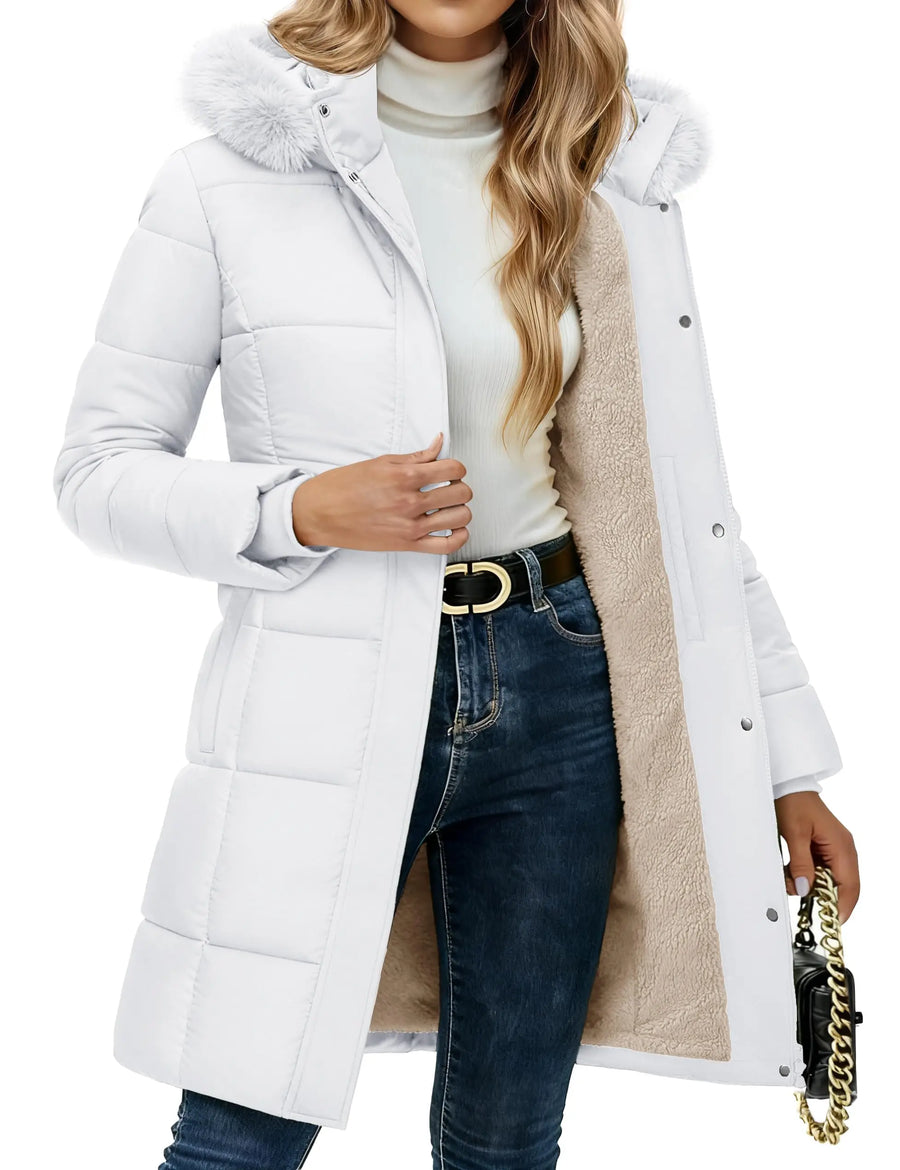Damen Winter Steppjacke lang gefüttert mit Kapuze und Fellimitat in Weiß