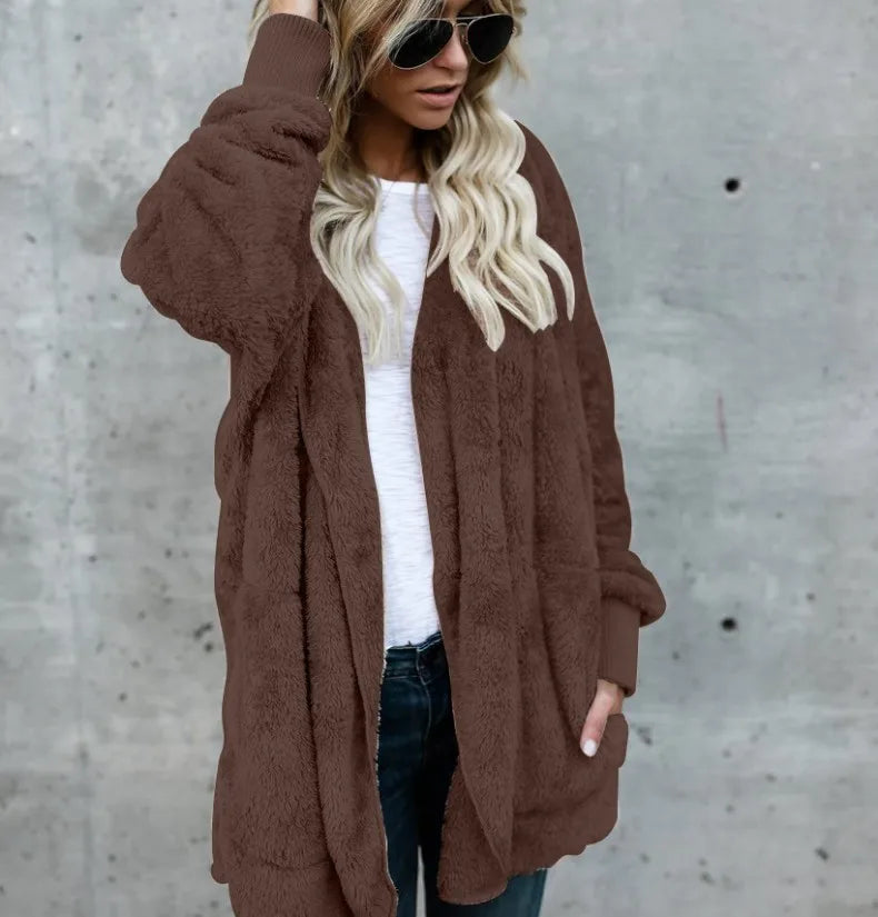 Damen Flauschige Strickjacke mit Kapuze und langen Ärmeln - Beigebraun