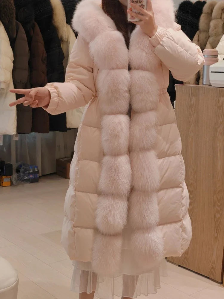 Damen Steppmantel Lang mit Kapuze und Pelzbesatz Winterjacke