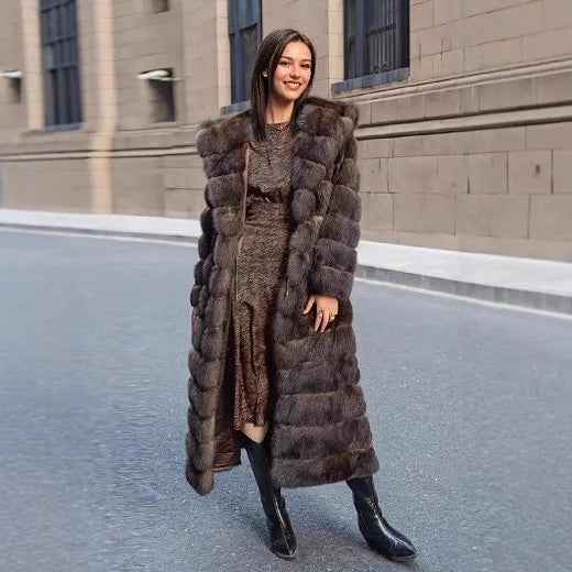 Damen Langer Pelzmantel mit Kapuze Braun Winter