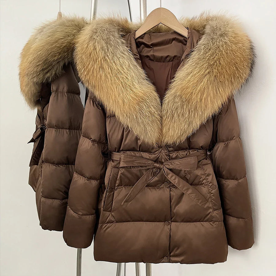Damen Daunenjacke mit Kunstpelzkragen und Bindegürtel, warme Winterjacke
