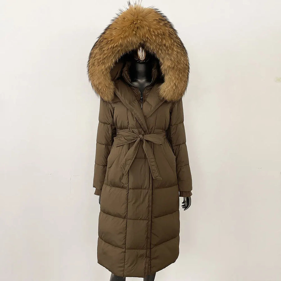 Damen Daunenmantel Lang mit Kapuze und Pelzbesatz Gürtel Steppjacke Warm