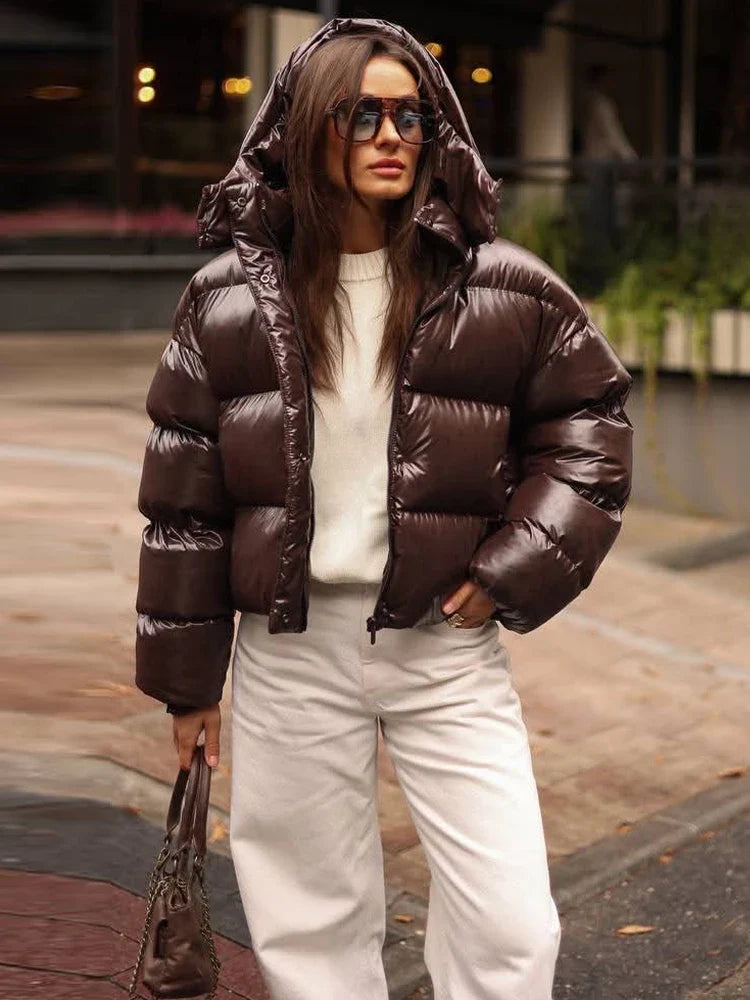 Damen Glänzende Pufferjacke mit Kapuze Kurz Daunenjacke