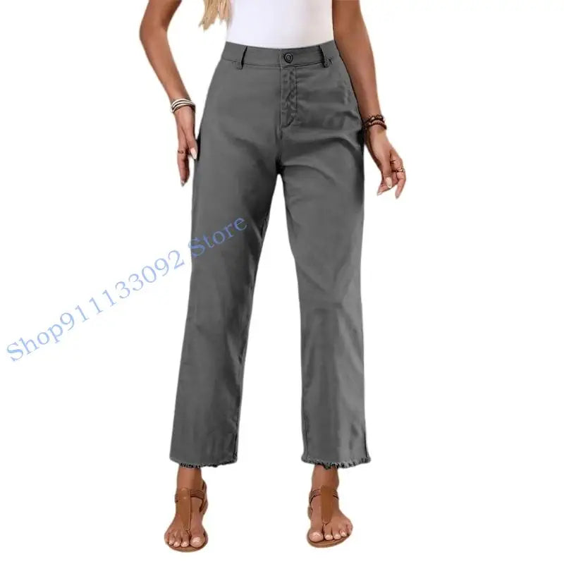 Damen Stoffhose mit geradem Bein, Hoher Bund & Fransen Saum – Beige