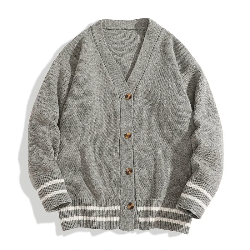 Unisex gebreid vest met V-hals, knoopsluiting en gestreepte mouwen
