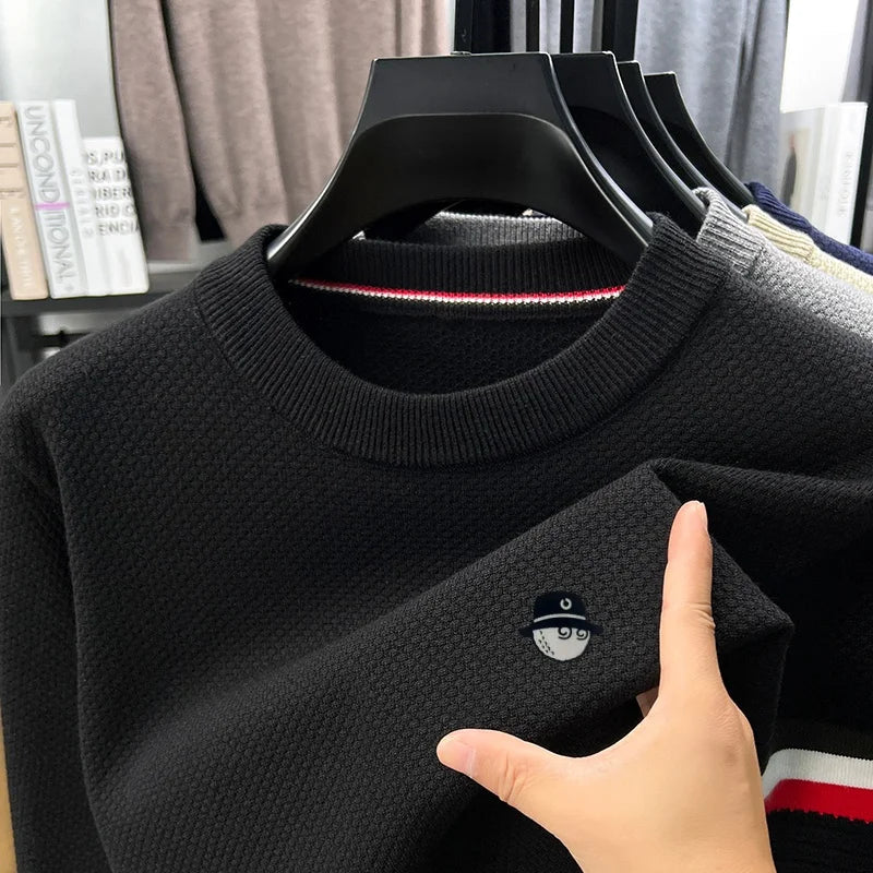 Heren pullover met lange mouwen, ronde hals, fijngebreid, ribboorden, borduursel