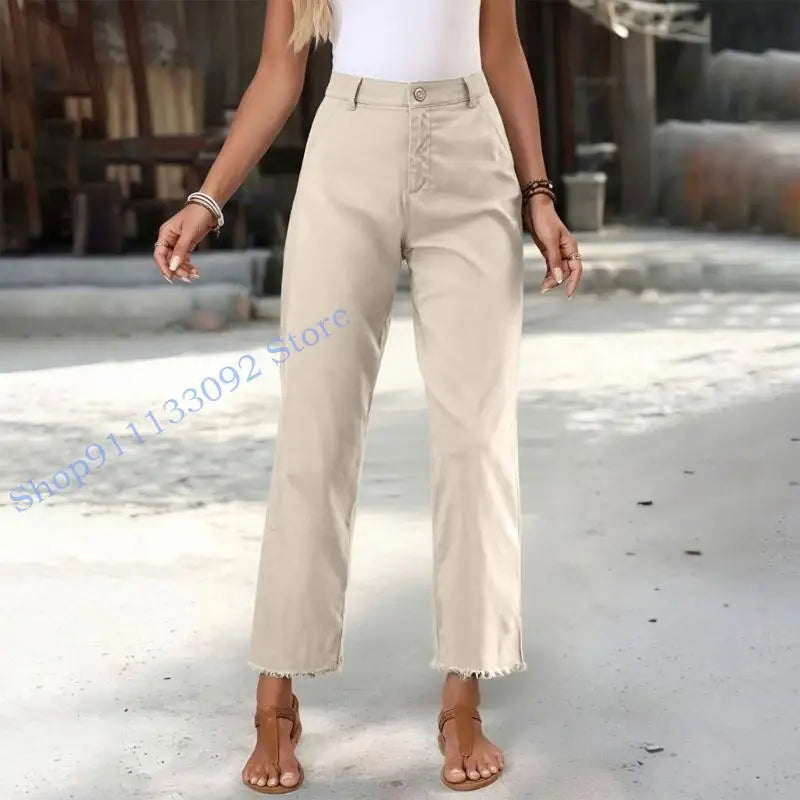 Damen Stoffhose mit geradem Bein, Hoher Bund & Fransen Saum – Beige