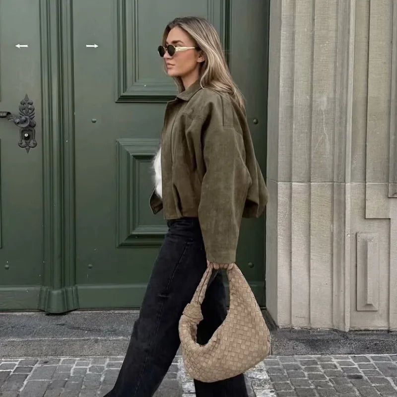 Kurze Jacke Damen Bomberjacke im Pilotenstil Übergangsjacke Grün Beige