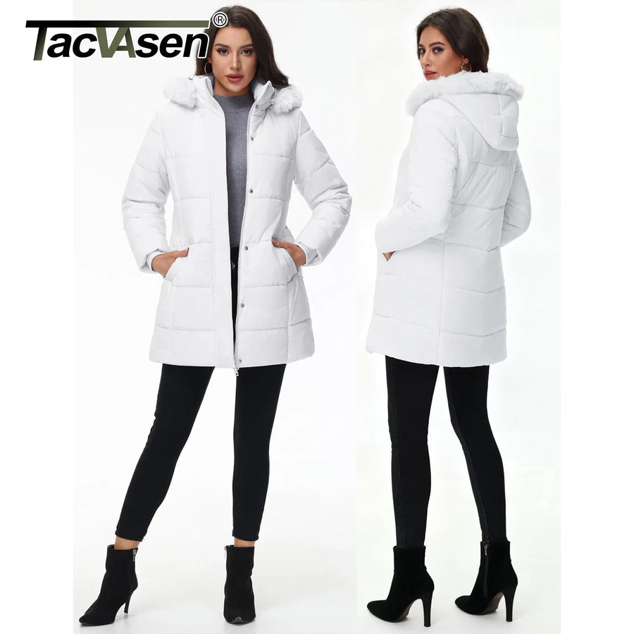 Damen Winter Steppjacke lang gefüttert mit Kapuze und Fellimitat in Weiß