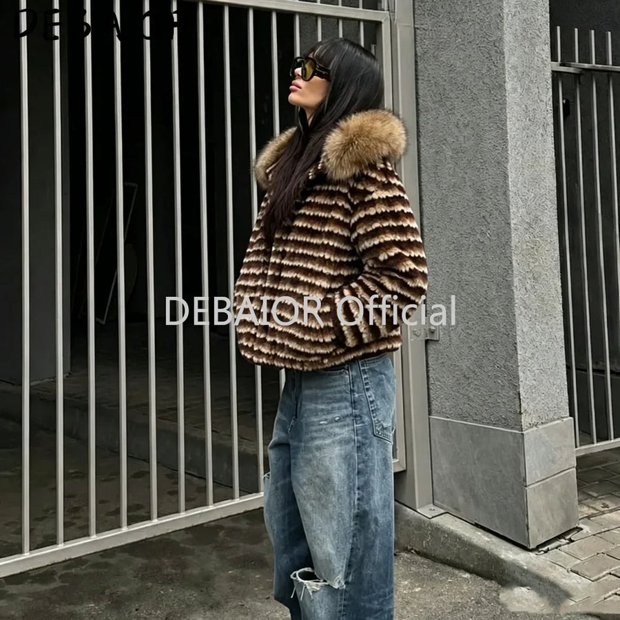 Damen Jacke mit Kapuze, gestreift, Fellimitat, Winterjacke warm