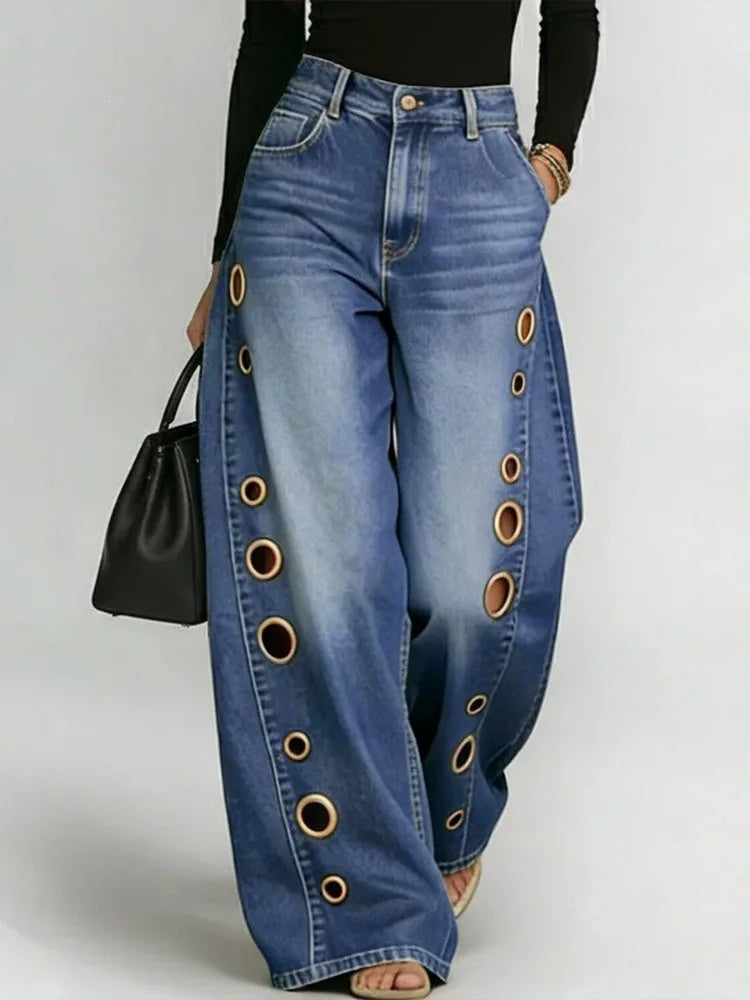 Damen Weite Jeans mit Ösen - Locker geschnitten, Hoher Bund