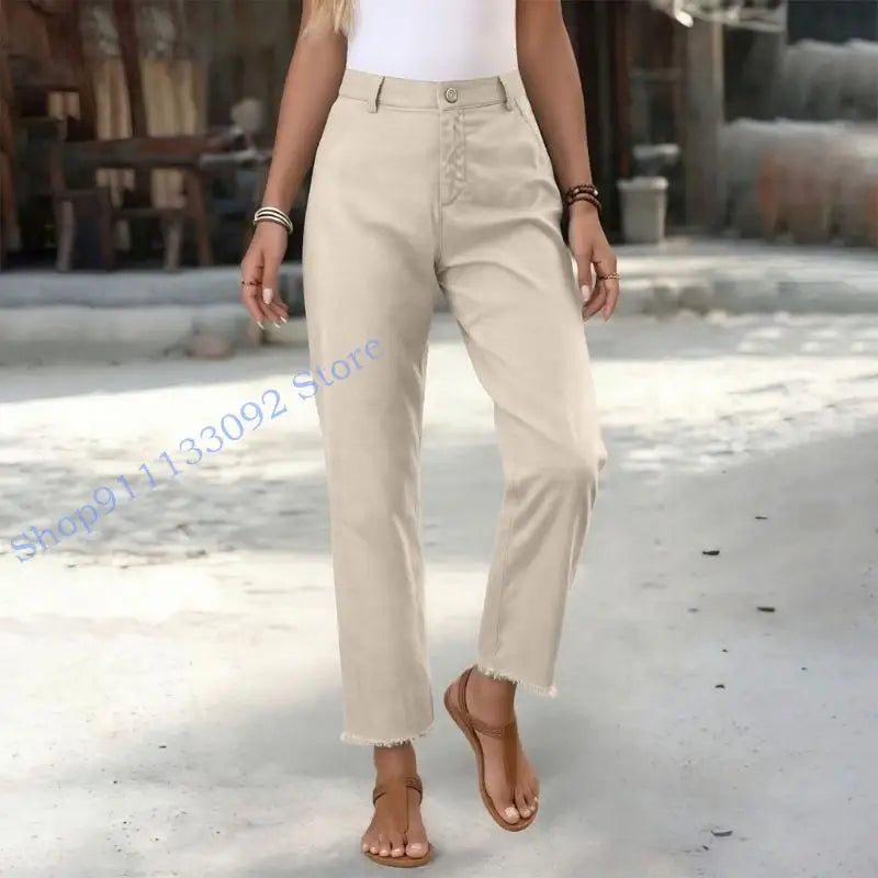Damen Stoffhose mit geradem Bein, Hoher Bund & Fransen Saum – Beige