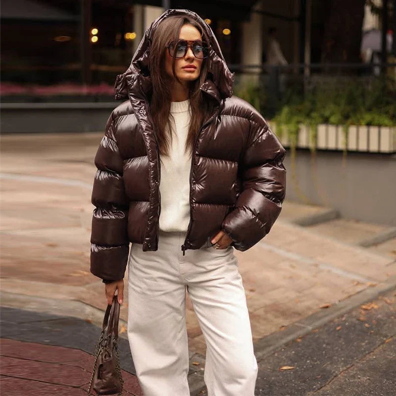 Damen Glänzende Pufferjacke mit Kapuze Kurz Daunenjacke