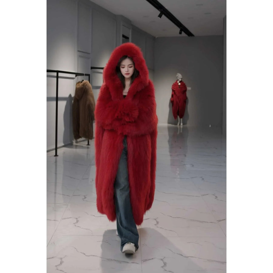 Langer Kunstpelzmantel mit Kapuze für Damen, Winter, Weiches Material, Farbe nach Wahl