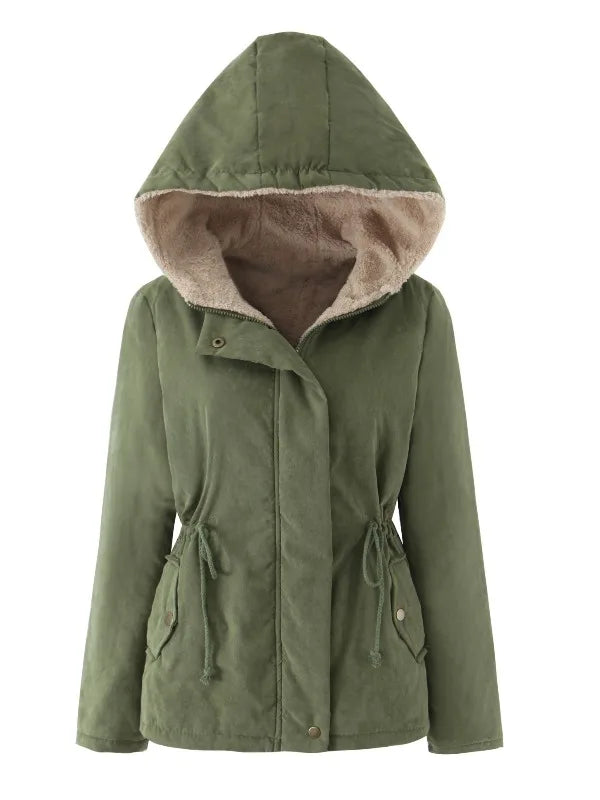 Damen Winterjacke mit Kapuze, Teddyfutter und Kordelzug in der Taille