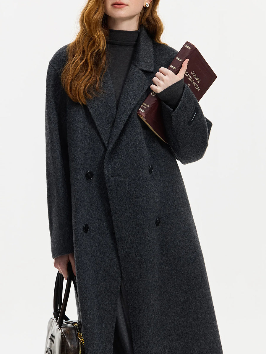 Damen Langer Mantel Doppelreihig Dunkelgrau Winter