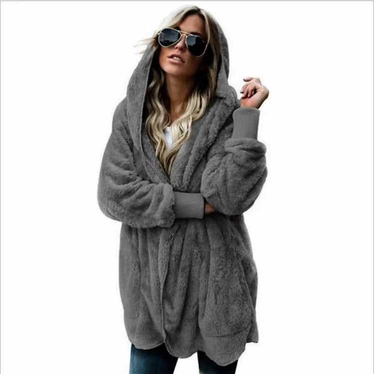 Damen Flauschige Strickjacke mit Kapuze und langen Ärmeln - Beigebraun